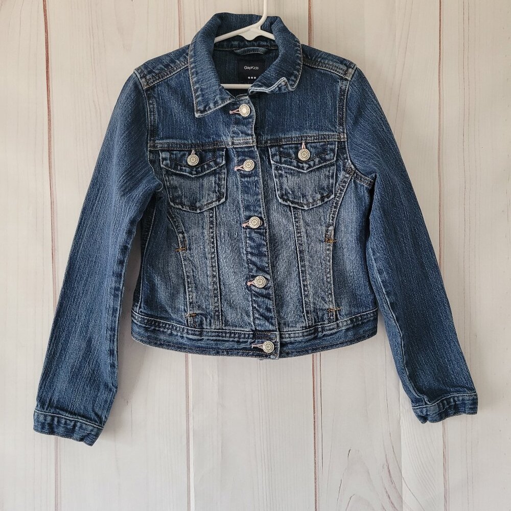 Gap Kids Cotton Denim Cropped Jean Jacket, Girls M, Pink Stitching Detail EUC